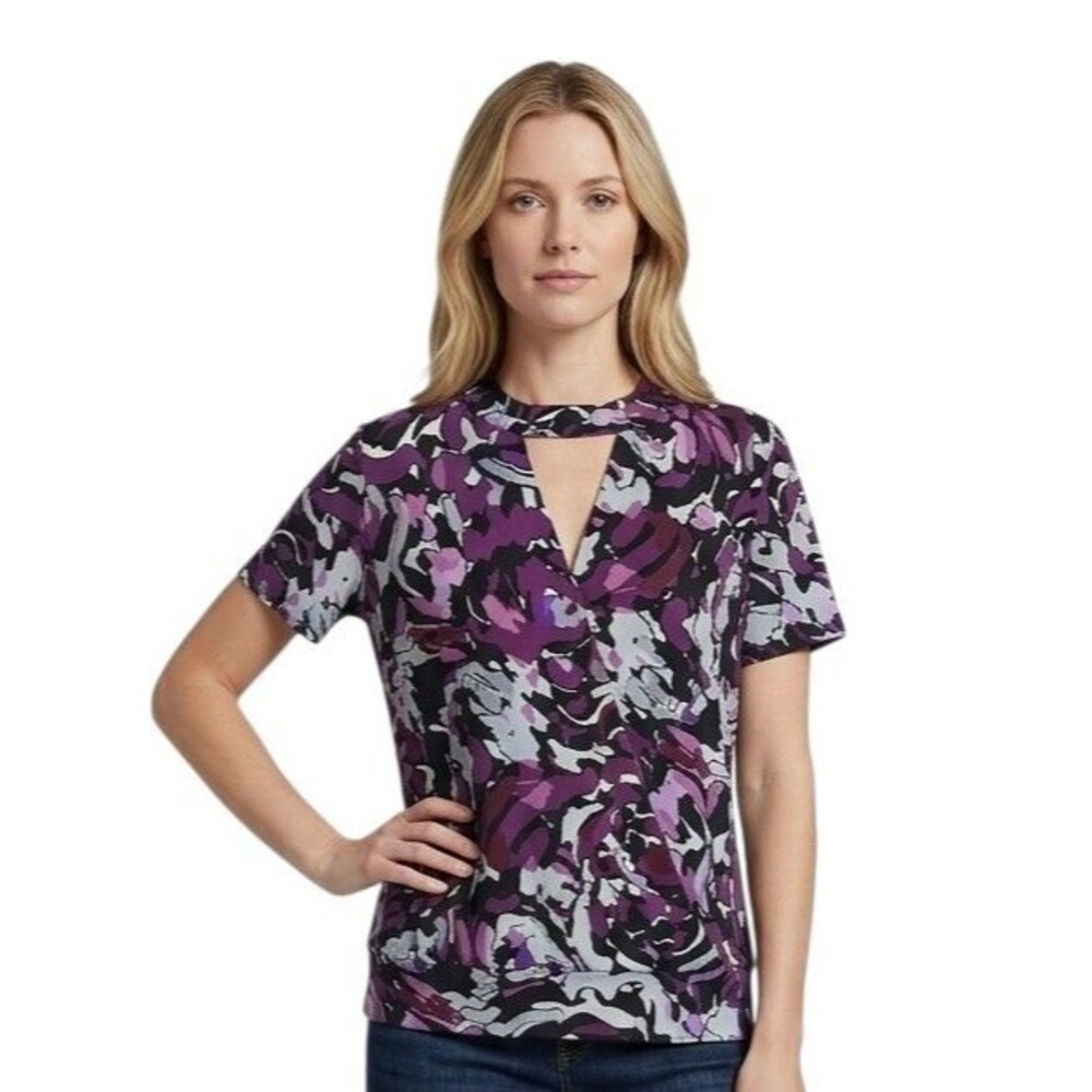 INC Womens Blouse 0X Plus Purple Abstract Short Sleeve V-Neck Keyhole  Button